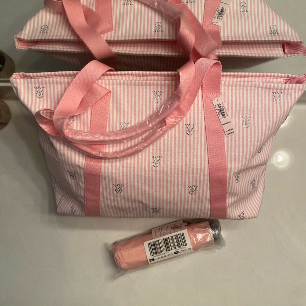 Victoria Secret pink stripe Tote Bag with Umbrella - Picture 5 of 9
